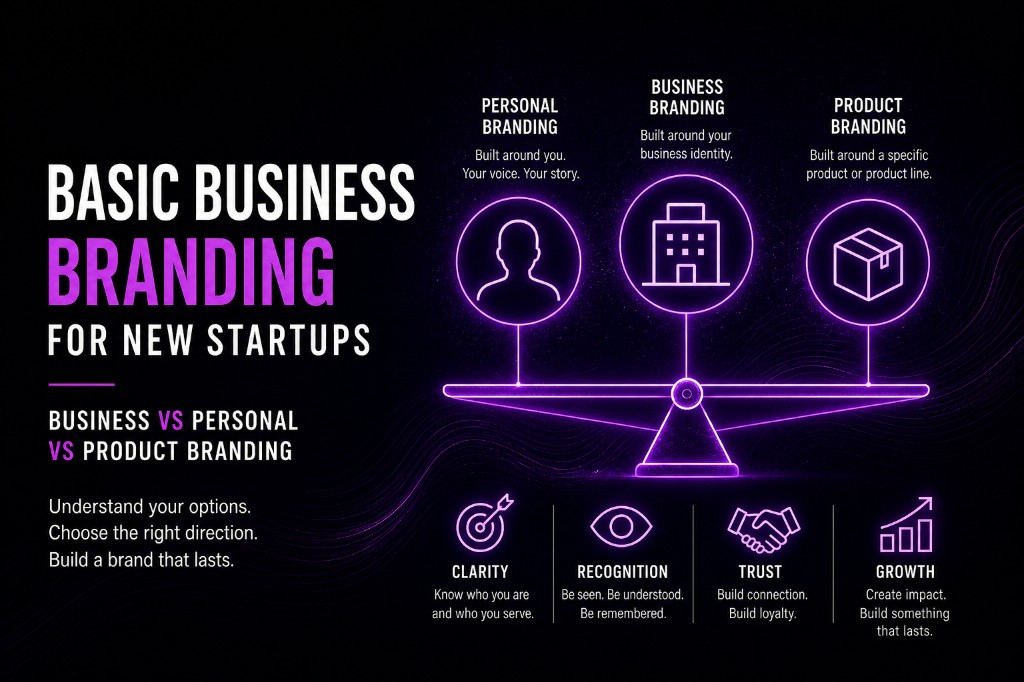 Neon visual showing personal, business, and product branding options for new startups