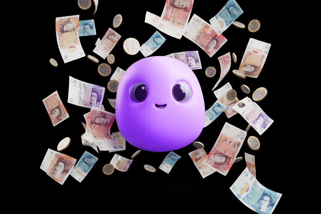 Woops smiling as banknotes and coins float around them, illustrating saving money with the right setup.