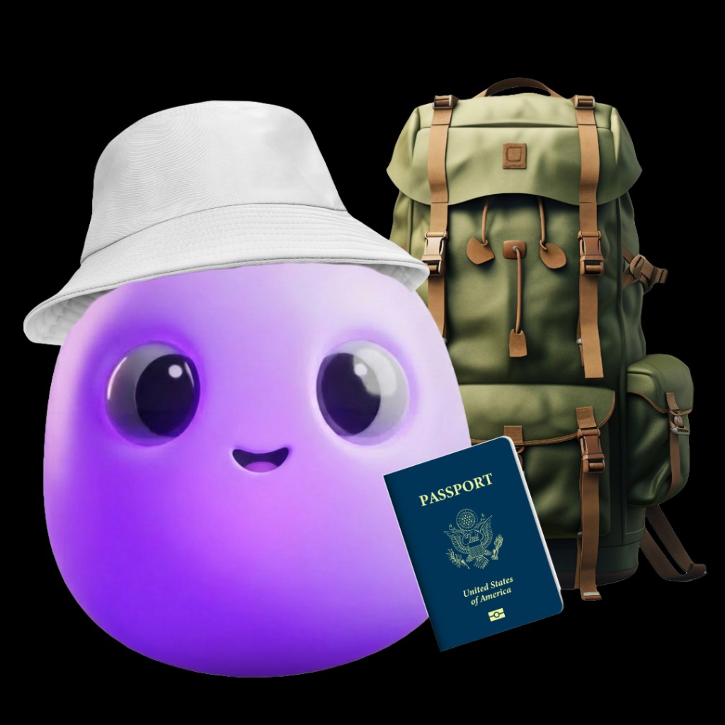 Woops dressed for the road with bucket hat, backpack, and passport, ready for digital nomad life.